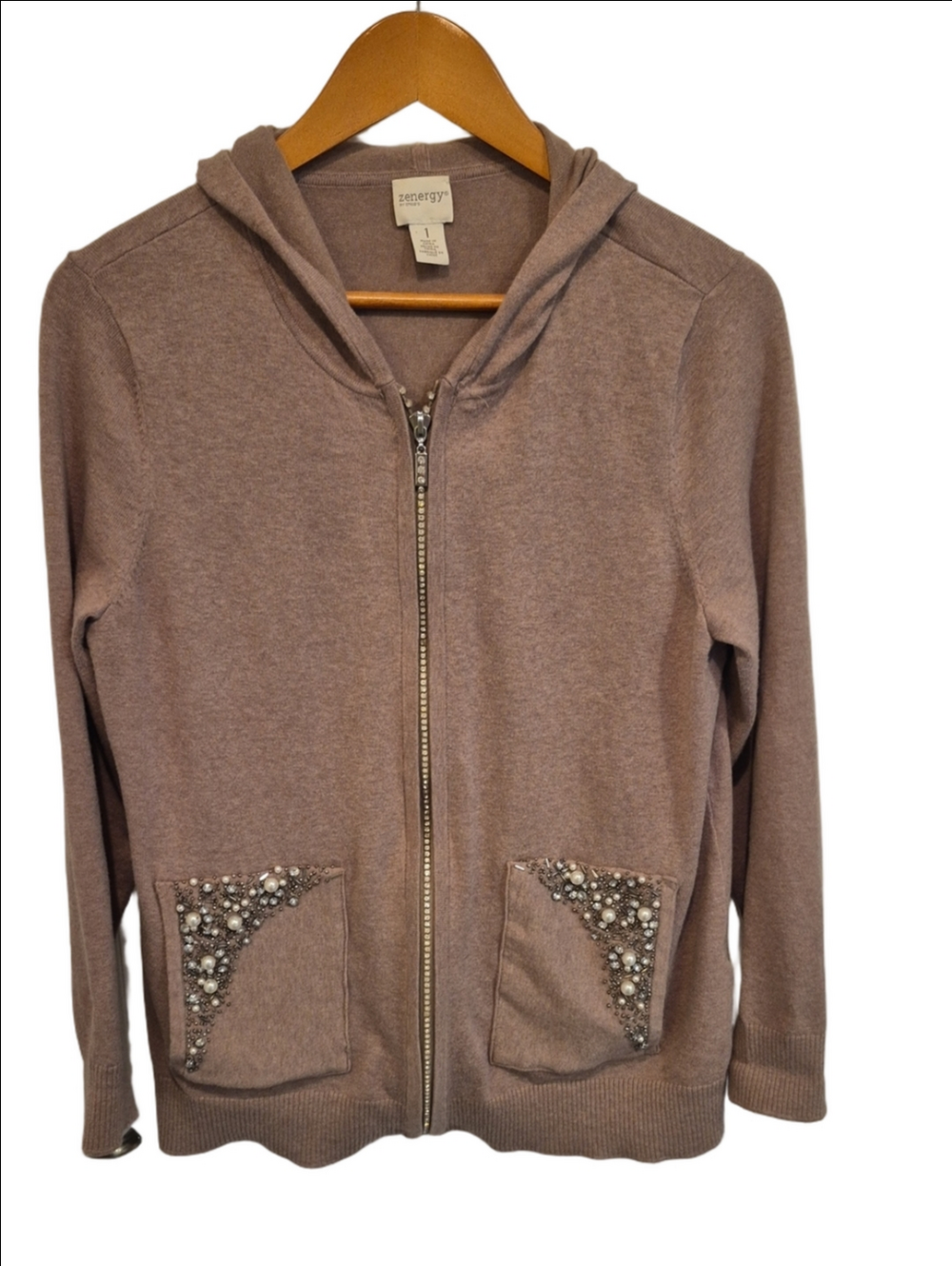 Chico's Zenergy Embellished Hooded Zip Front Mauve Cardigan Cotton / Cashmere